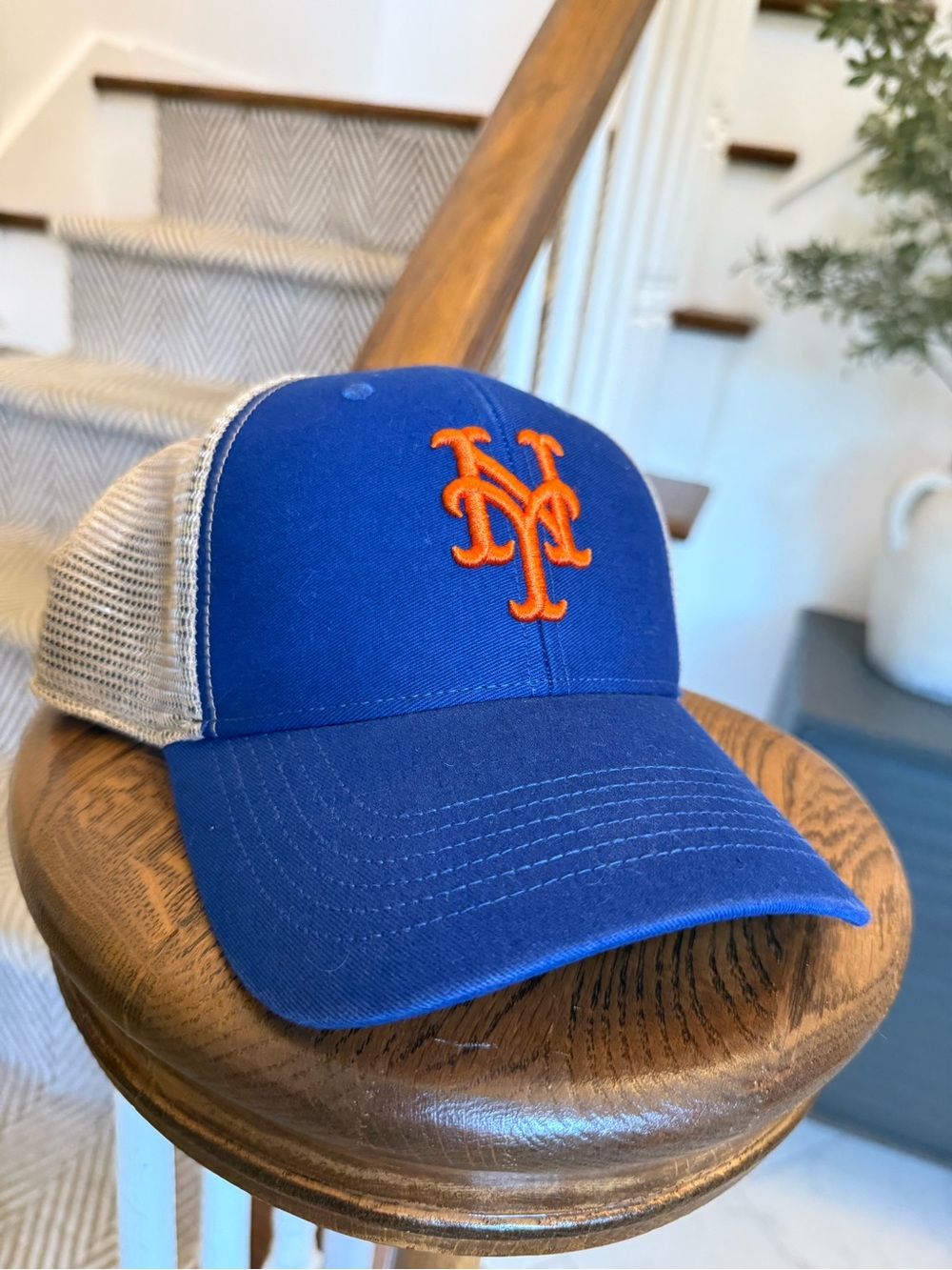 New York Mets ‘47 Trucker SnapBack Hat | Blue Tan Mesh | Embroidered NY Logo